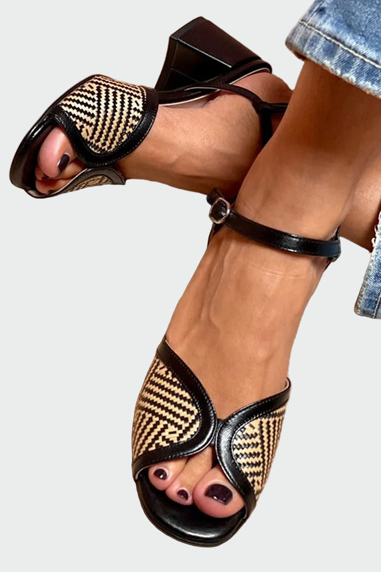 Woven fabric sandals with block heel