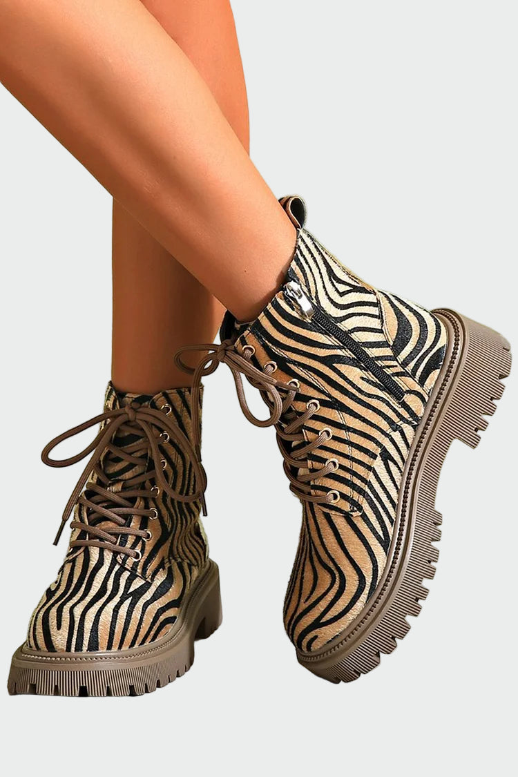 Zebra pattern lace-up ankle boots