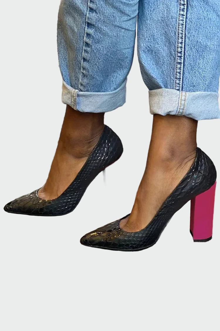 Edgy Pointed-Toe Pumps with Contrast Block Heel