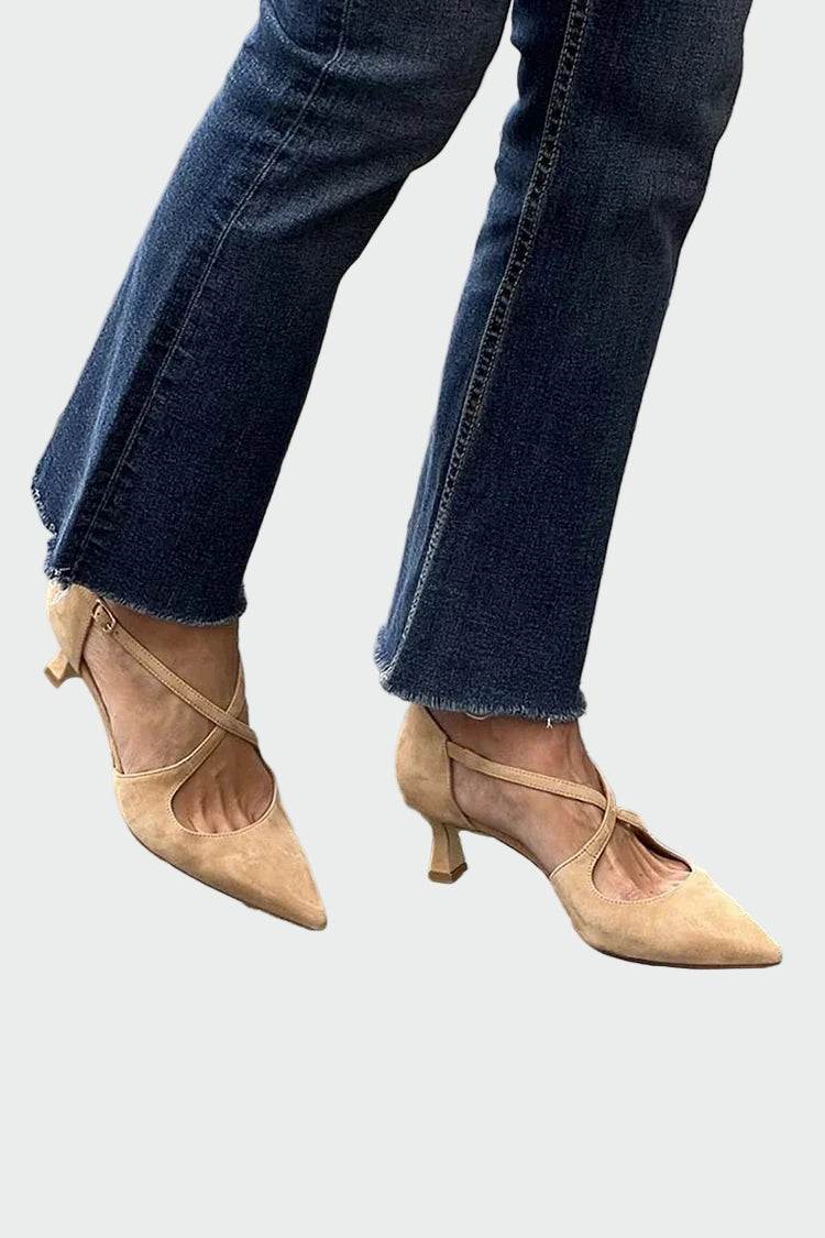 Pointed toe heels with crisscrossed laces