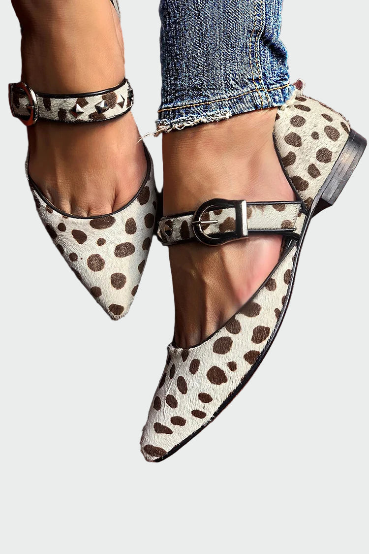 Spotted Print Pointed-Toe Flats with Buckle Straps