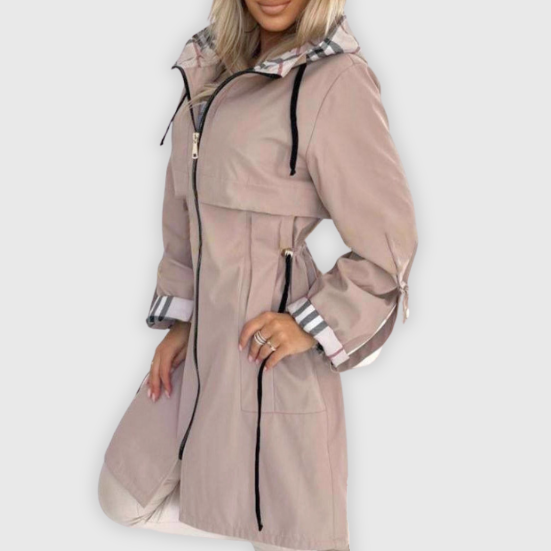 Long hooded jacket with waist drawstring