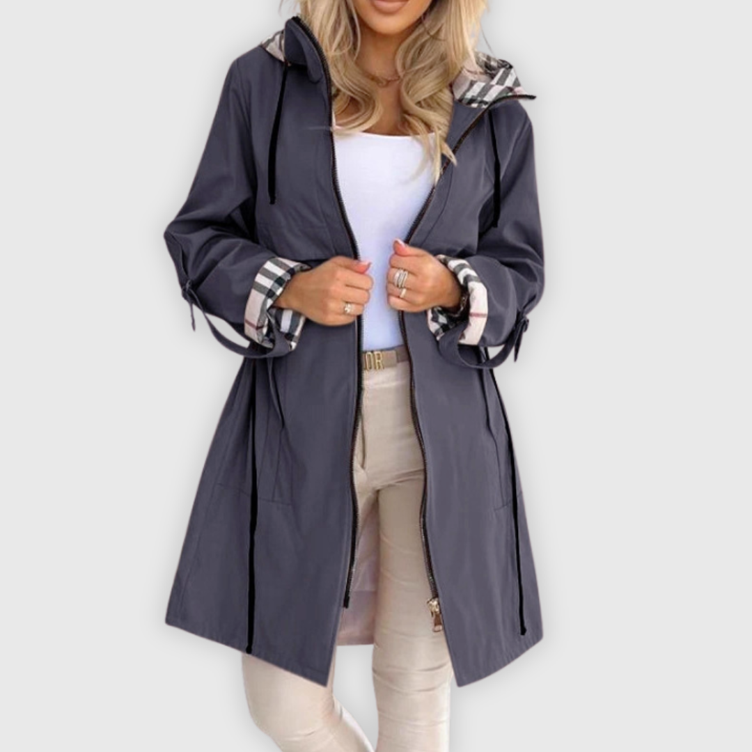 Long hooded jacket with waist drawstring