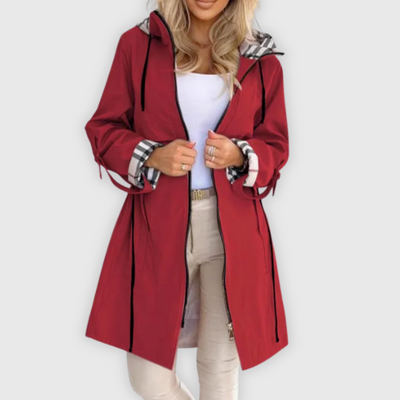 Long hooded jacket with waist drawstring