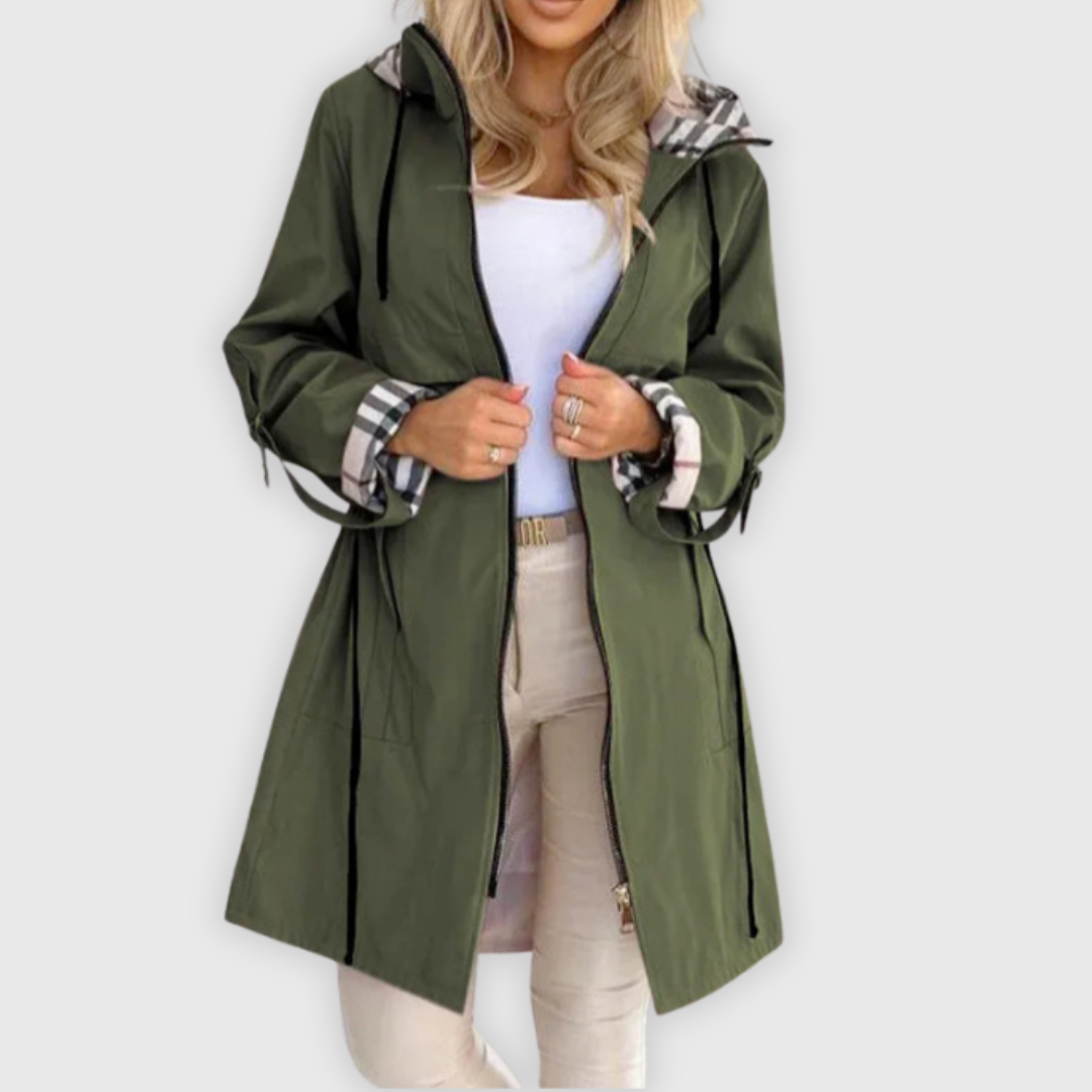 Long hooded jacket with waist drawstring
