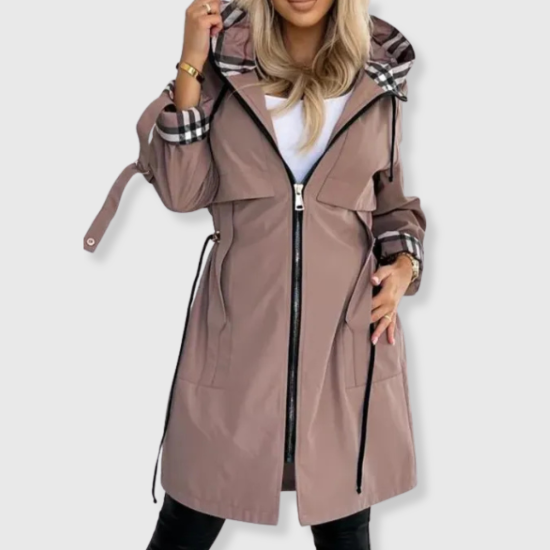 Long hooded jacket with waist drawstring