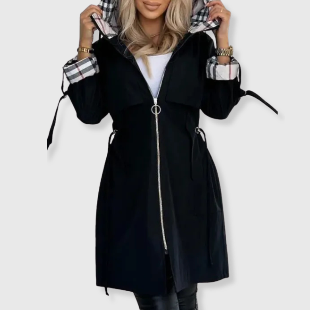 Long hooded jacket with waist drawstring