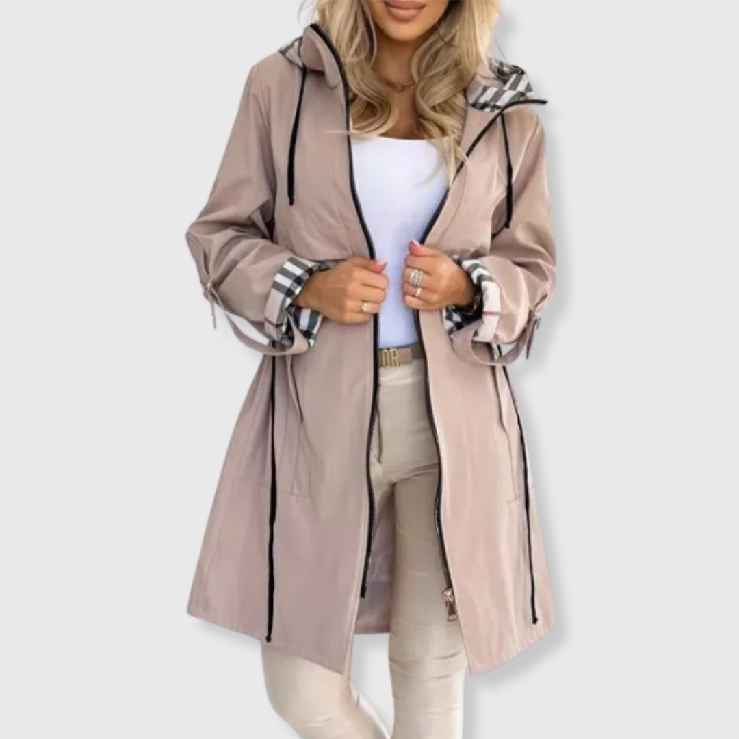 Long hooded jacket with waist drawstring
