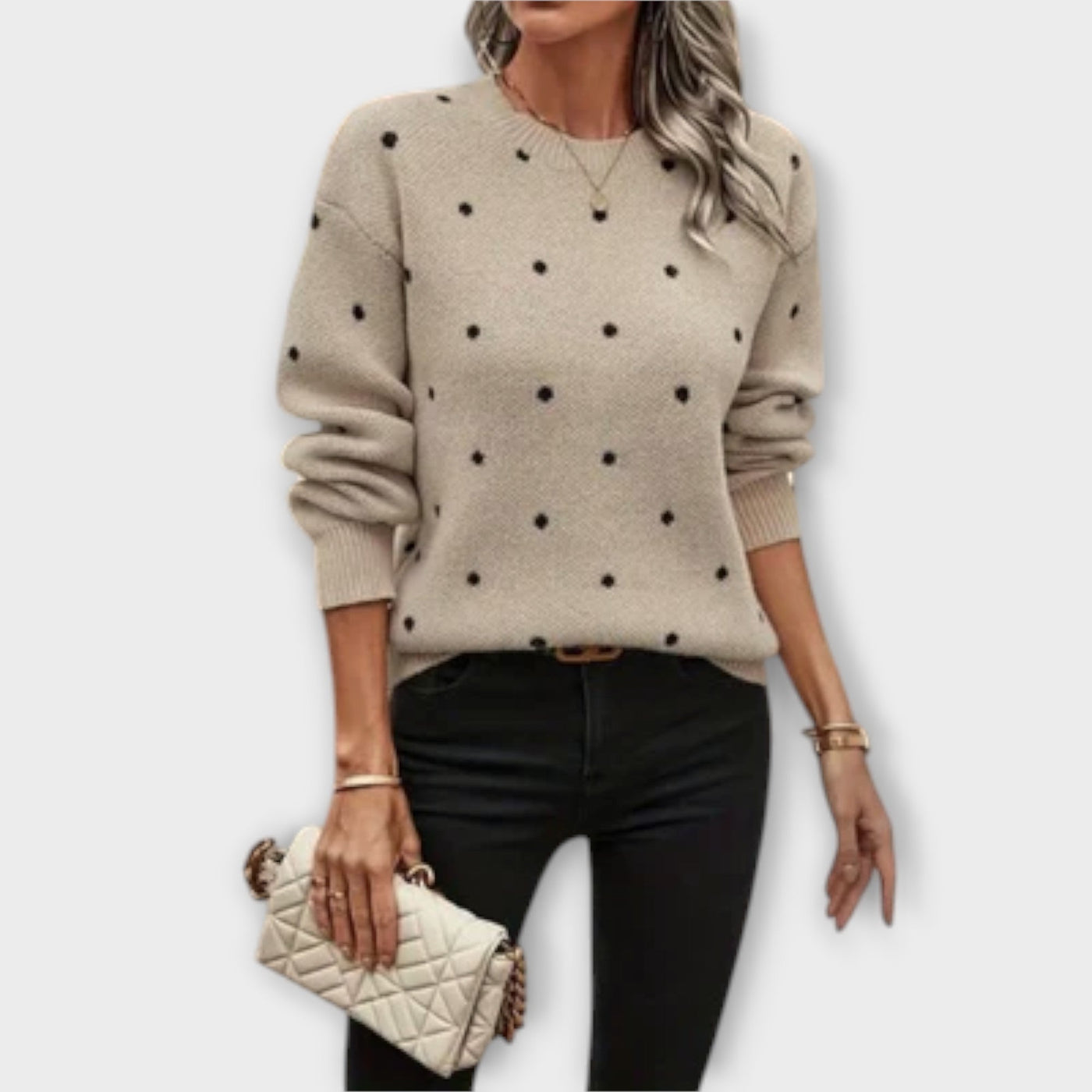 Long-sleeved knitted sweater with polka dot pattern