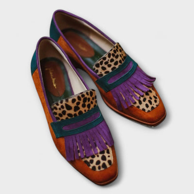 Maximalist Color-Block Loafers with Fringe and Print