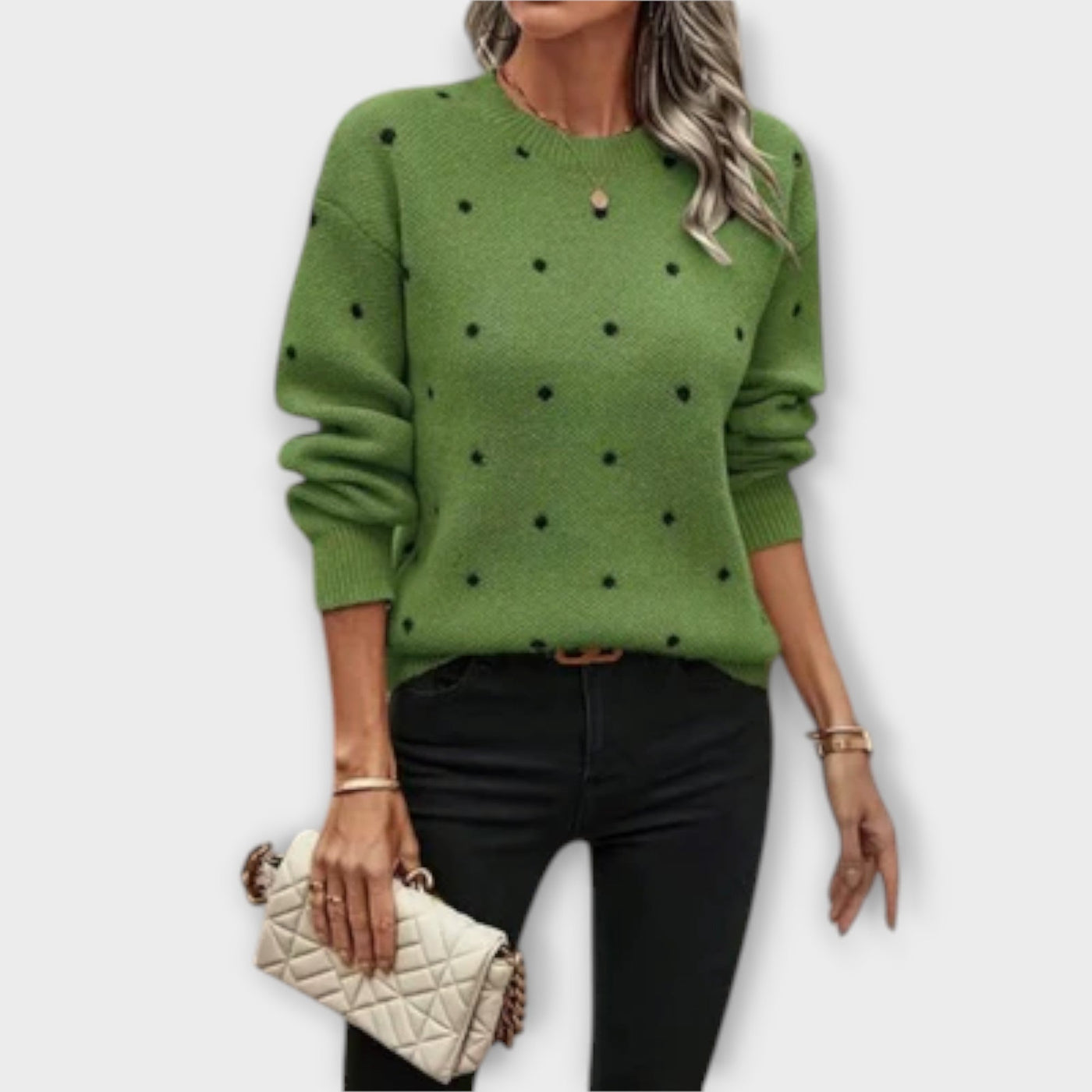 Long-sleeved knitted sweater with polka dot pattern