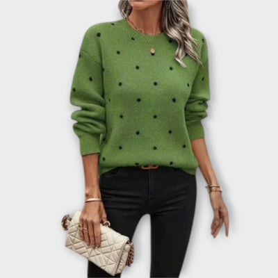 Long-sleeved knitted sweater with polka dot pattern
