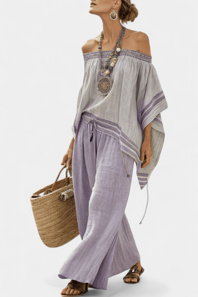 Loungewear set with open shoulders and wide trousers
