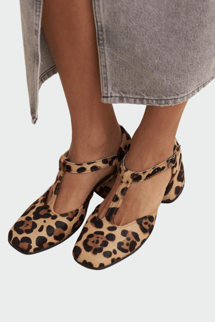 T-strap heels with animal print