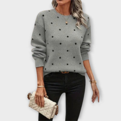 Long-sleeved knitted sweater with polka dot pattern