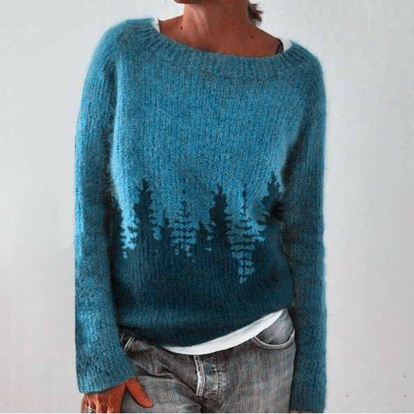 Knitted sweater with a forest-inspired pattern