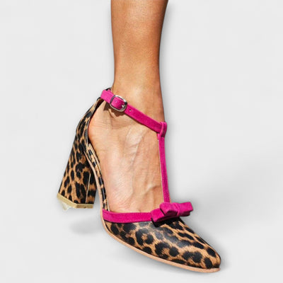 Bold Leopard Print T-Strap Heels with Bow Detail