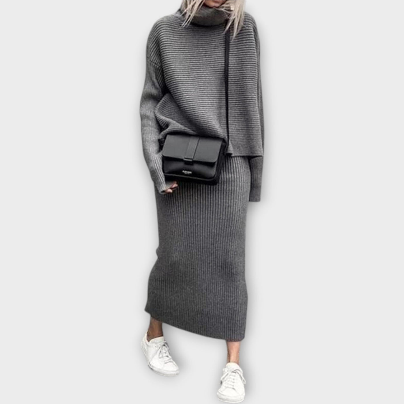 Knitted set with a skirt and minimalist aesthetics