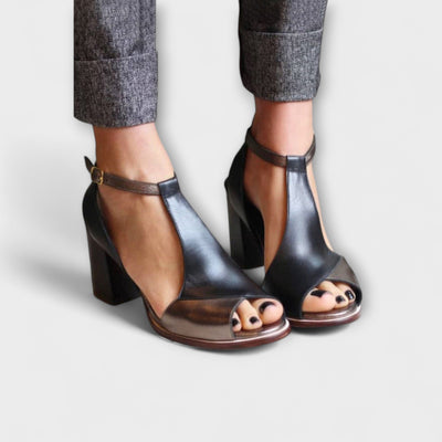 Metallic Block Heel T-Strap Sandals