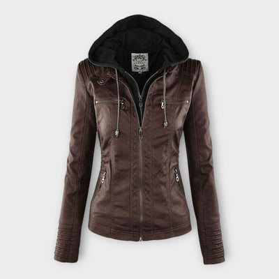 Modern leather jacket with a hood