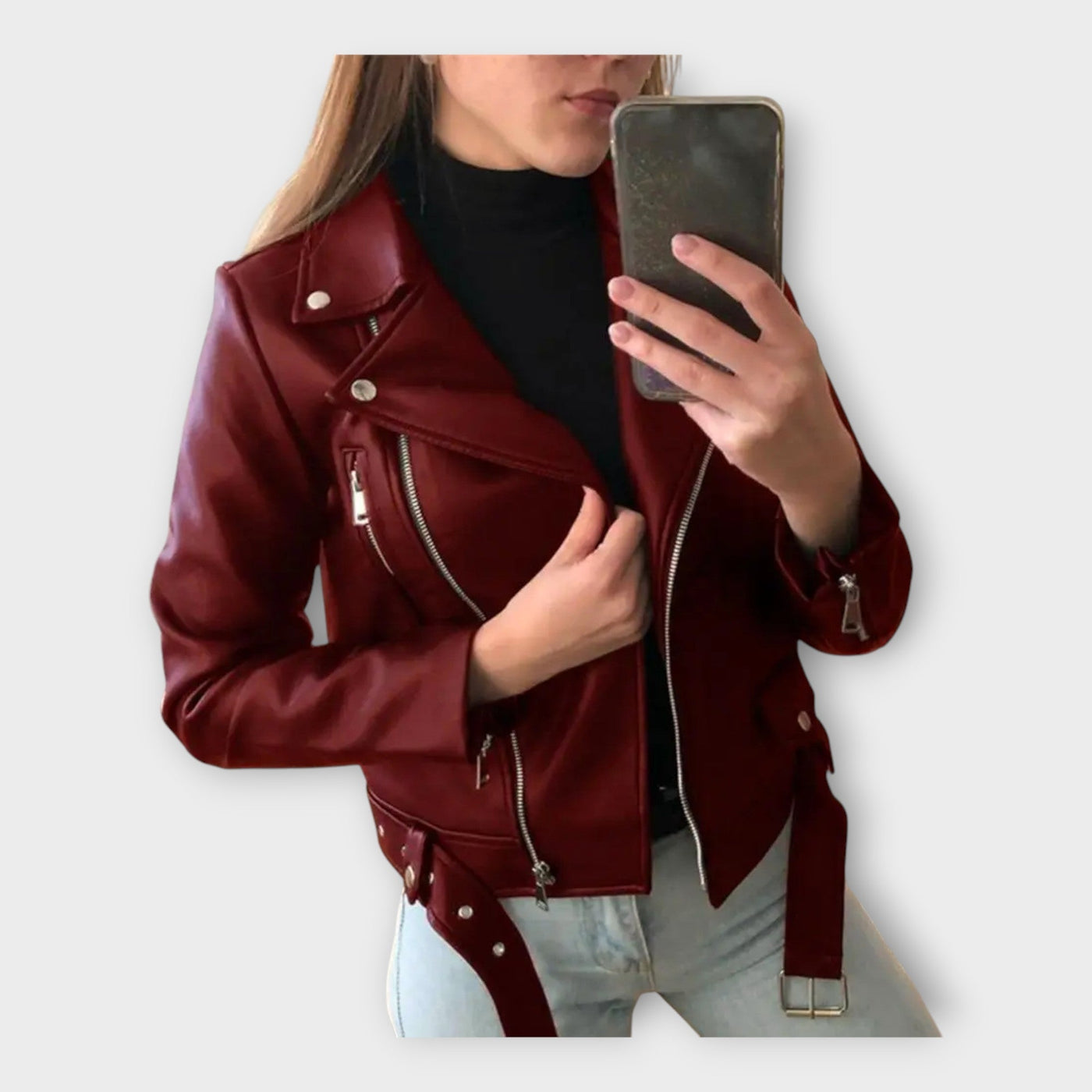 Modern leather jacket with belt and zipper