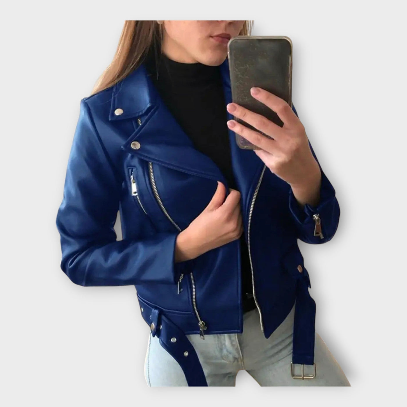 Modern leather jacket with belt and zipper