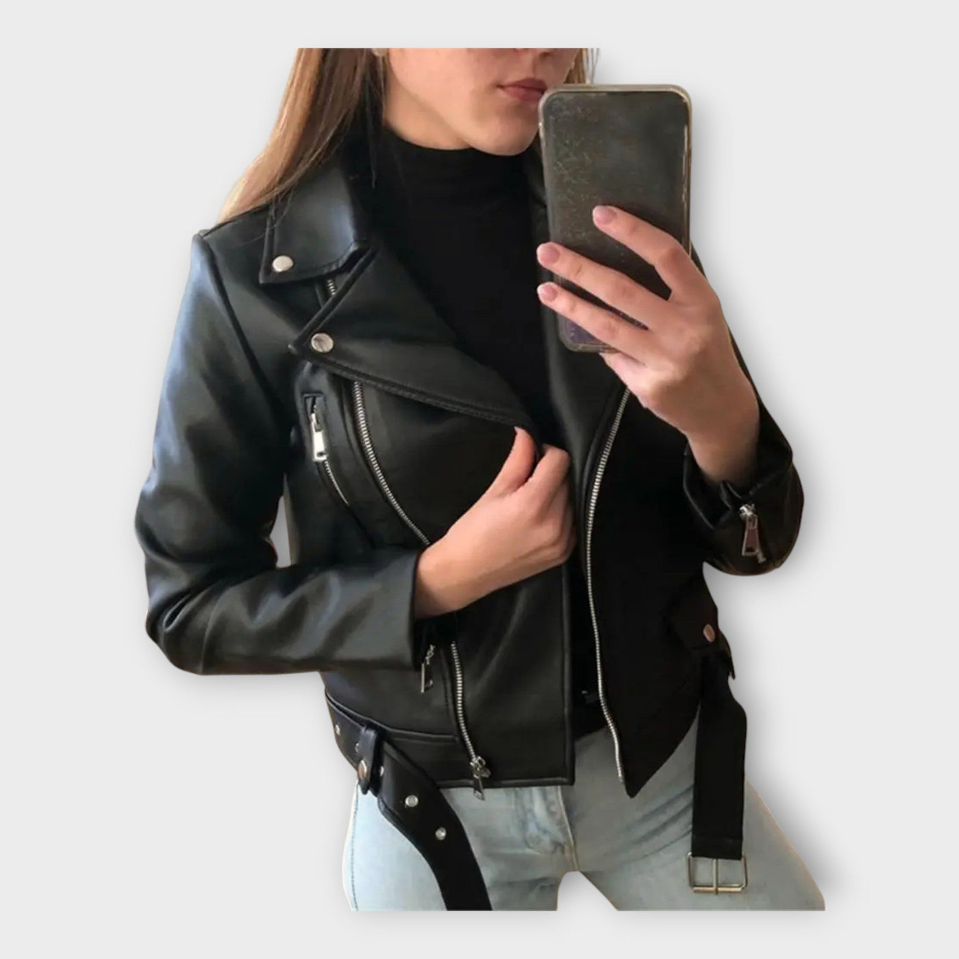 Modern leather jacket with belt and zipper