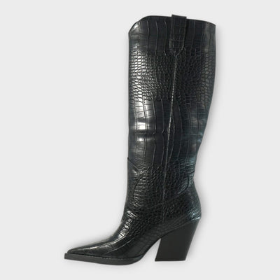 Knee-height leather boots with crocodile pattern