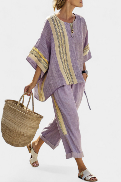 Linen set with lavender and yellow stripes