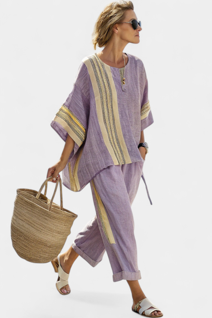 Linen set with lavender and yellow stripes