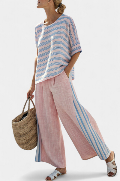 Mediterranean linen set in soft pink with elegant light blue stripes