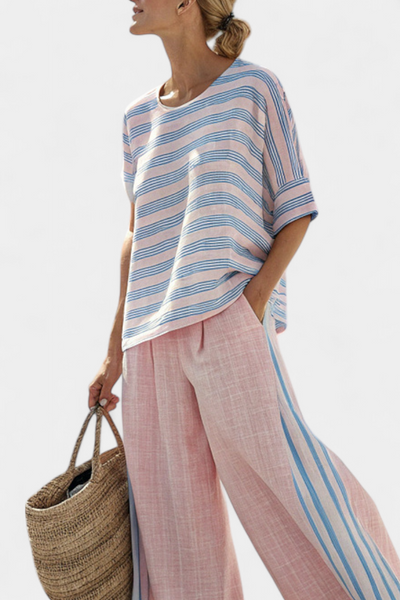 Mediterranean linen set in soft pink with elegant light blue stripes