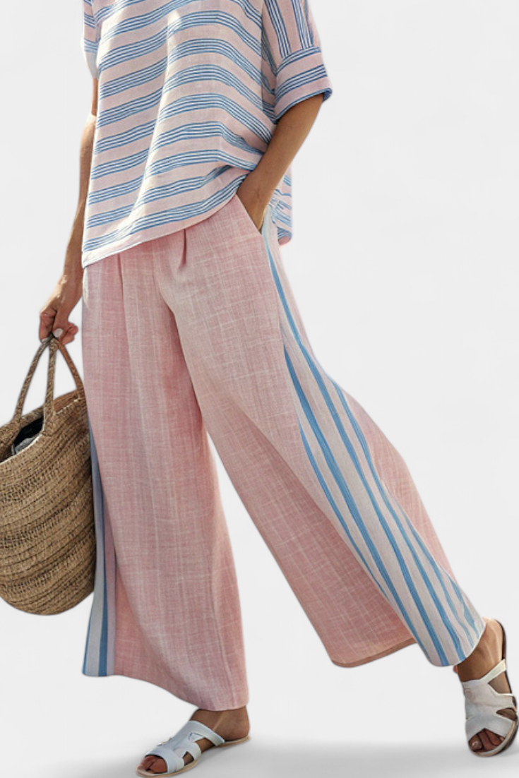 Mediterranean linen set in soft pink with elegant light blue stripes