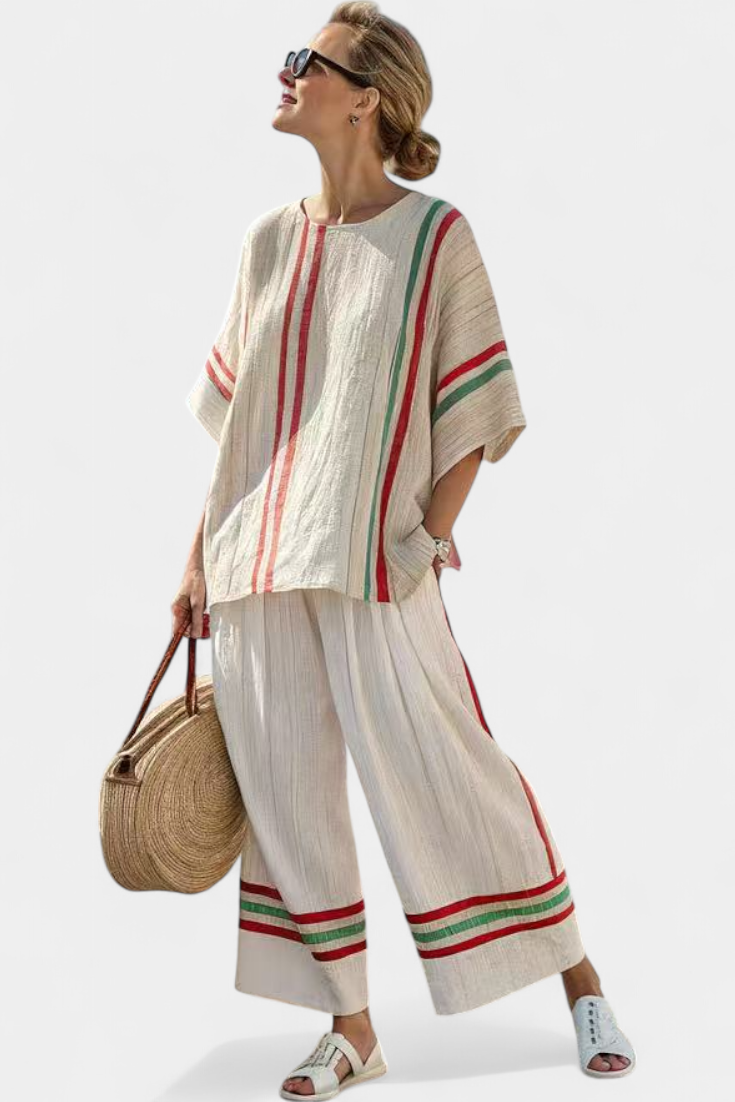 Mediterranean linen set with elegant red and green stripes