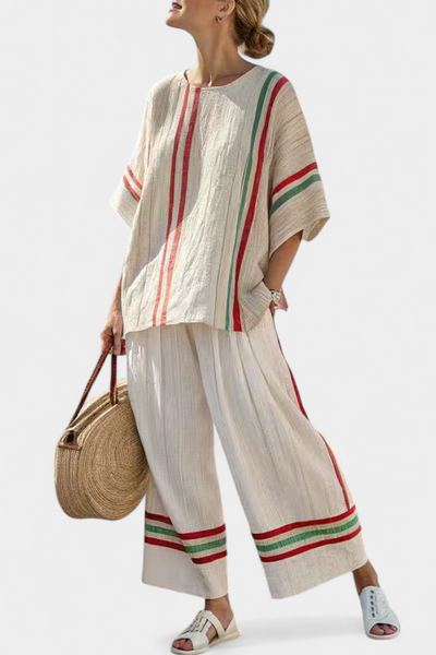 Mediterranean linen set with elegant red and green stripes