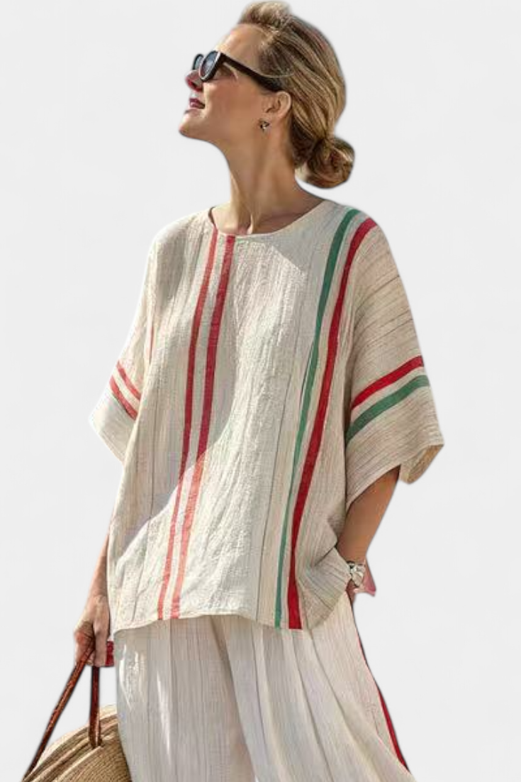 Mediterranean linen set with elegant red and green stripes