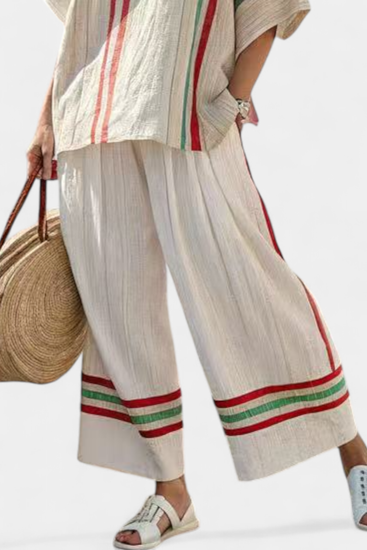 Mediterranean linen set with elegant red and green stripes