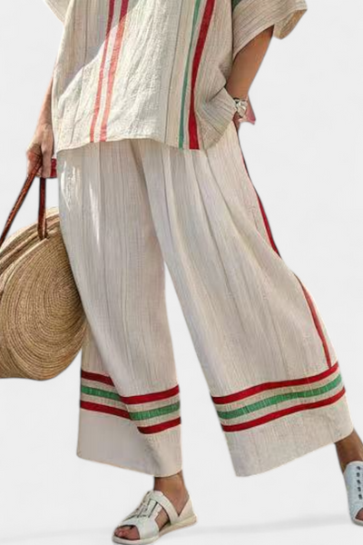 Mediterranean linen set with elegant red and green stripes