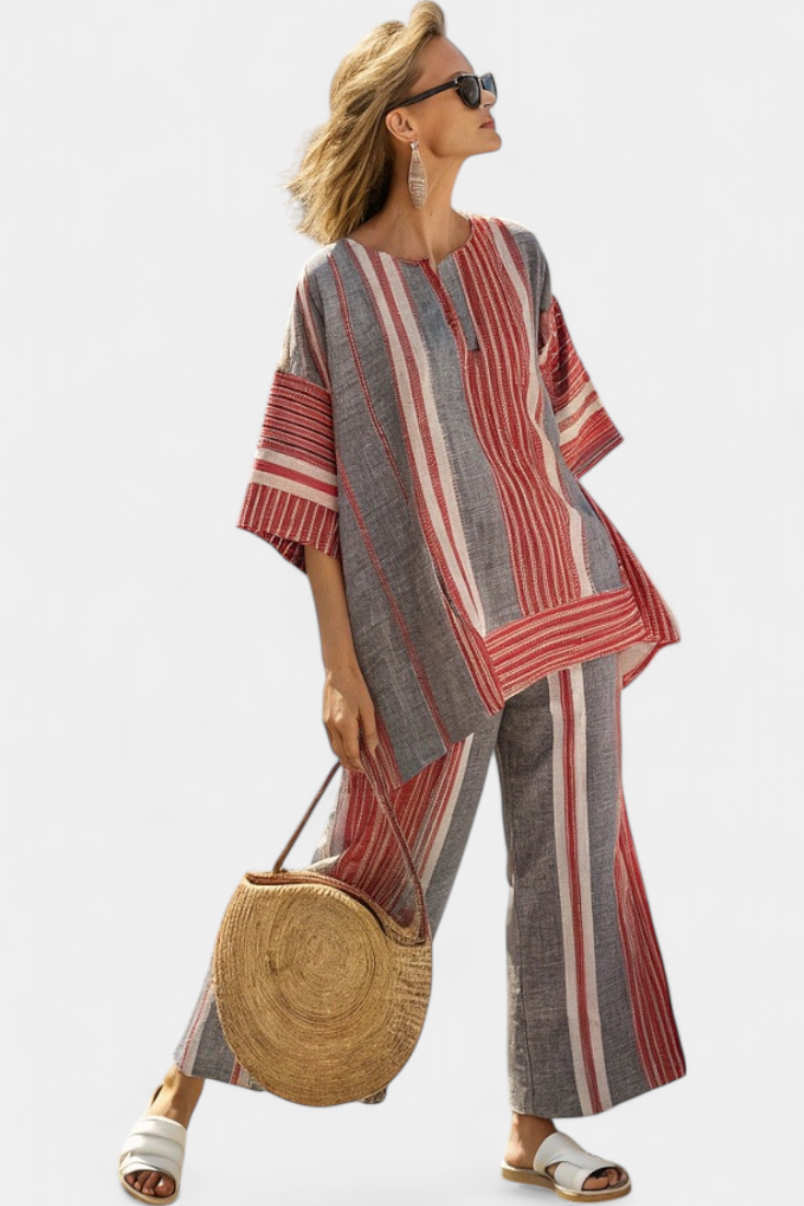 Linen oversized jumpsuit with red coral and gray stripes