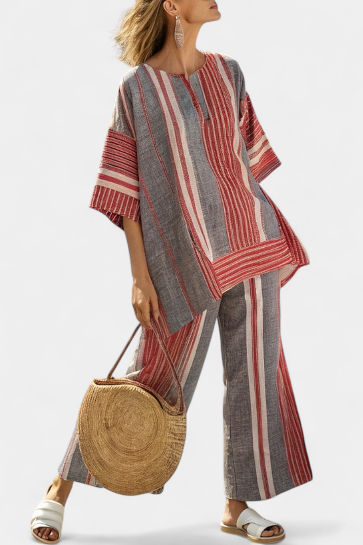 Linen oversized jumpsuit with red coral and gray stripes