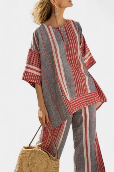 Linen oversized jumpsuit with red coral and gray stripes