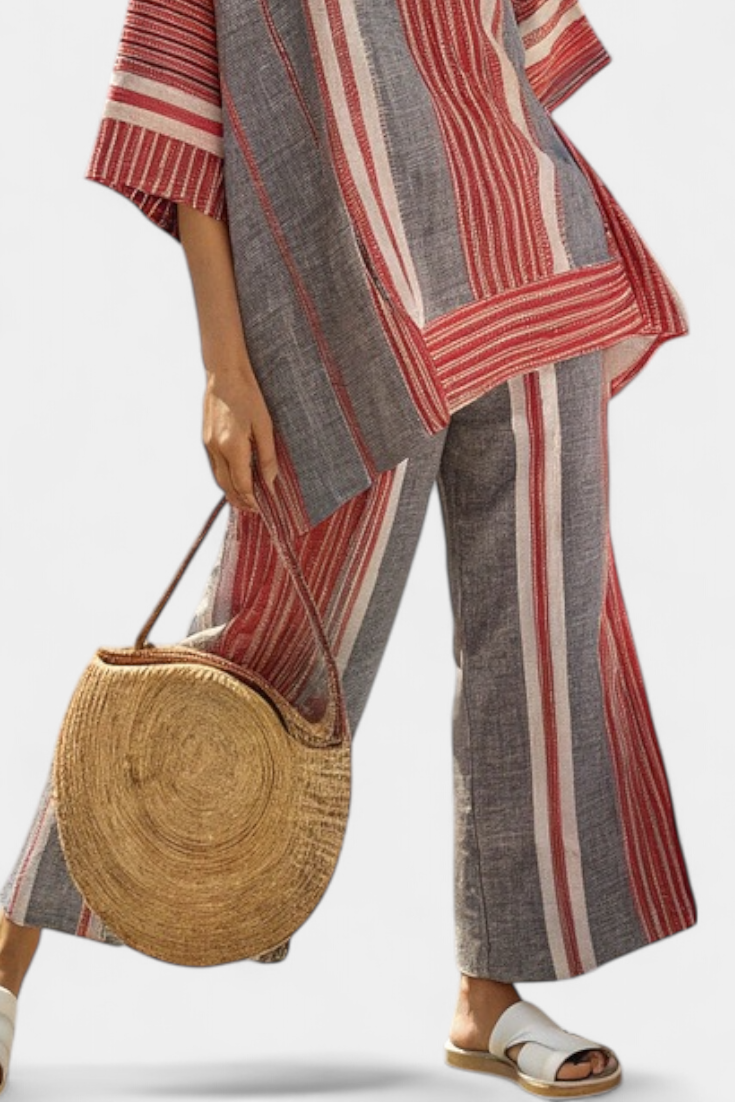 Linen oversized jumpsuit with red coral and gray stripes