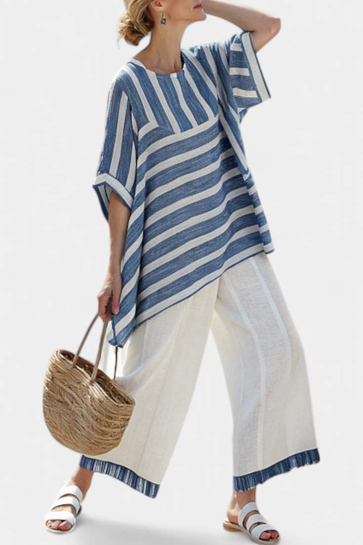 Elegant Mediterranean blue striped linen set and trimmed pants