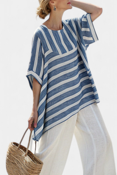 Elegant Mediterranean blue striped linen set and trimmed pants