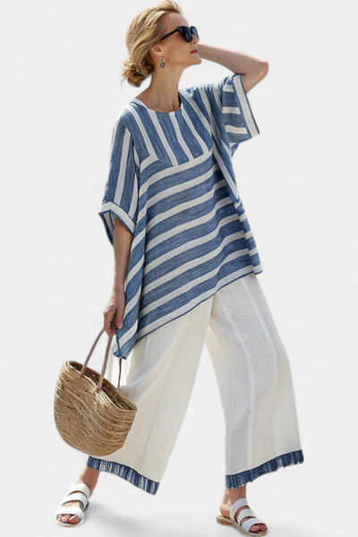 Elegant Mediterranean blue striped linen set and trimmed pants