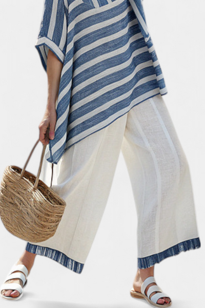 Elegant Mediterranean blue striped linen set and trimmed pants