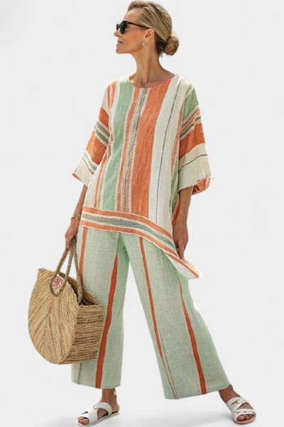 Elegant striped linen clothing set with wide-leg trousers