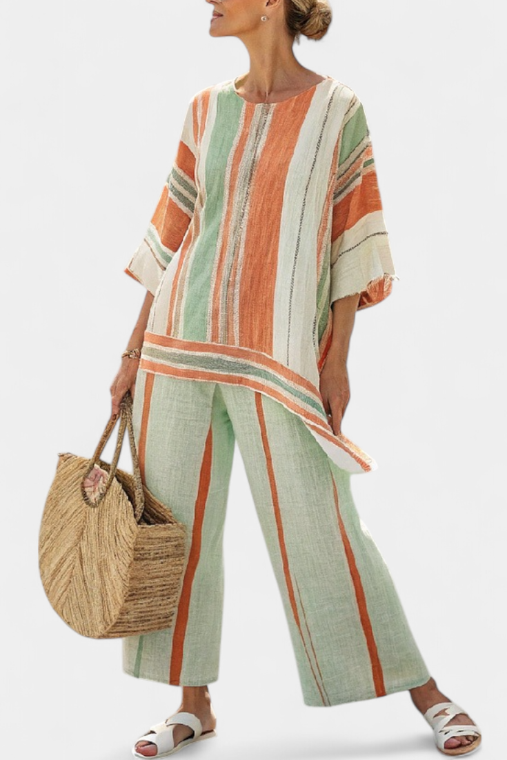 Elegant striped linen clothing set with wide-leg trousers