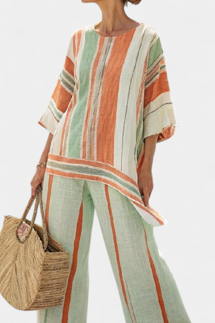 Elegant striped linen clothing set with wide-leg trousers