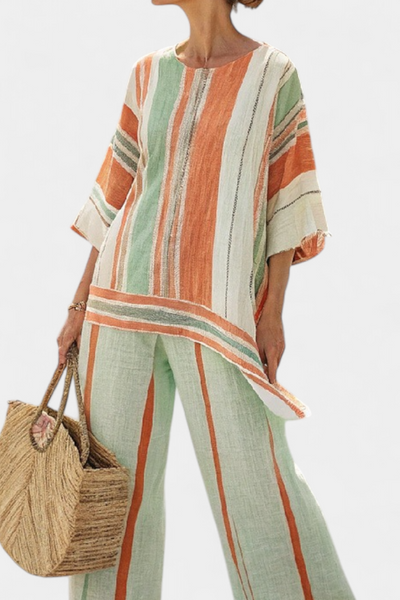 Elegant striped linen clothing set with wide-leg trousers